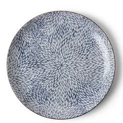 MIYA Company Aizome Mums Blue and White Ceramic 10 inch plates.  Made in Japan.