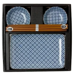 MIYA Company Blue and white cross pattern sushi set for two made in Japan available at Miya.
