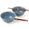 MIYA Company Blue and white rain pattern bowl set with chopsticks made in Japan available at Miya.