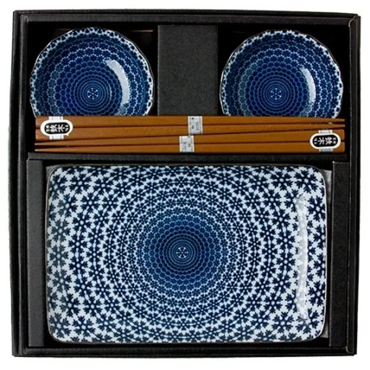 MIYA Company Blue and white snow pattern sushi for two set made in Japan available at Miya.