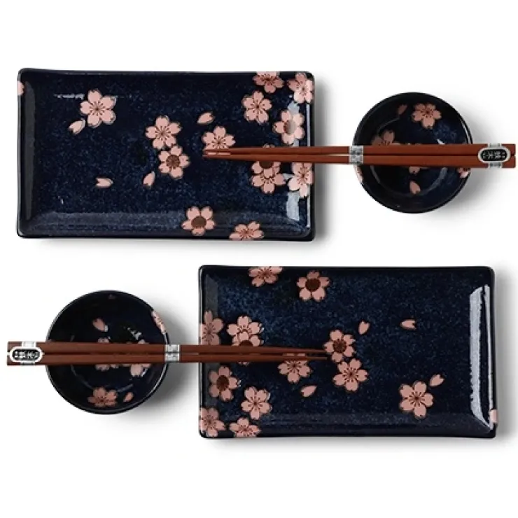 MIYA Company Blue ceramics with pink sakura design made in Japan available at Miya.