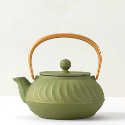 MIYA Company Cast Iron Teapot Olive Green Wave Gold Handle