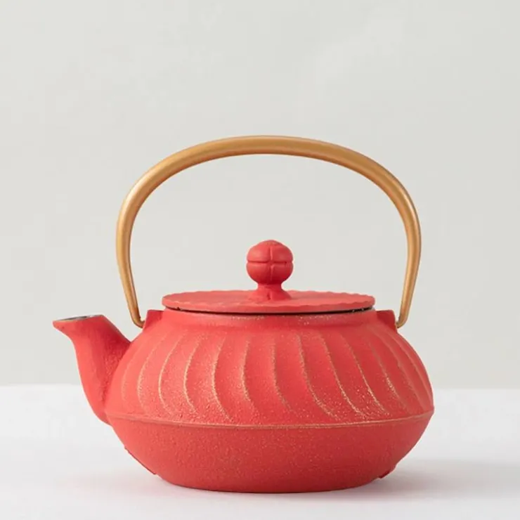 MIYA Company Cast Iron Teapot Red Wave Gold Handle