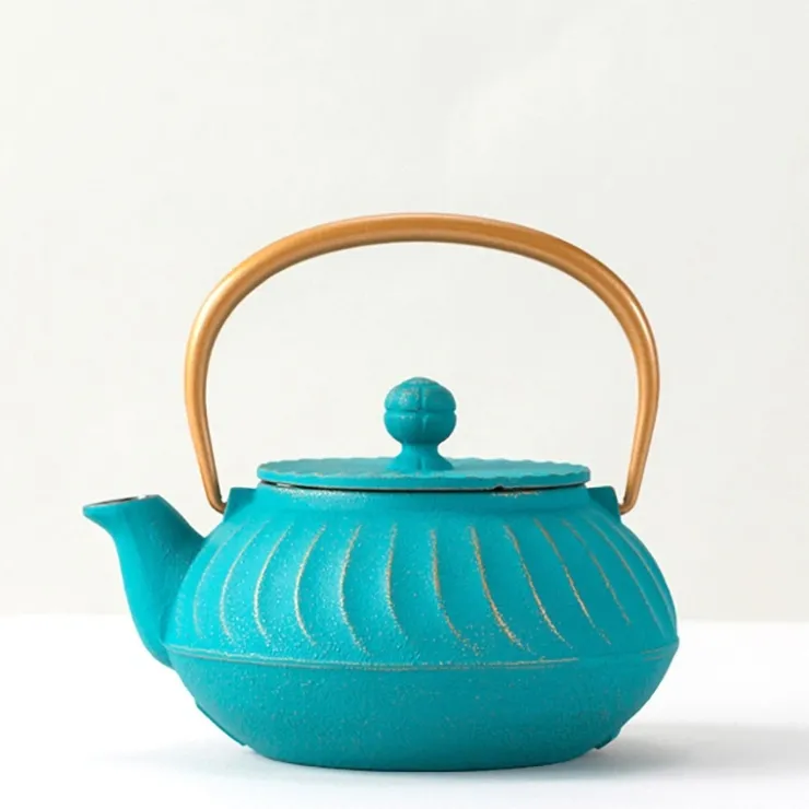 MIYA Company Cast Iron Teapot Teal Wave Gold Handle