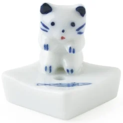 MIYA Company Ceramic Blue and White Cat Fish Incense Holder Made in Japan.
