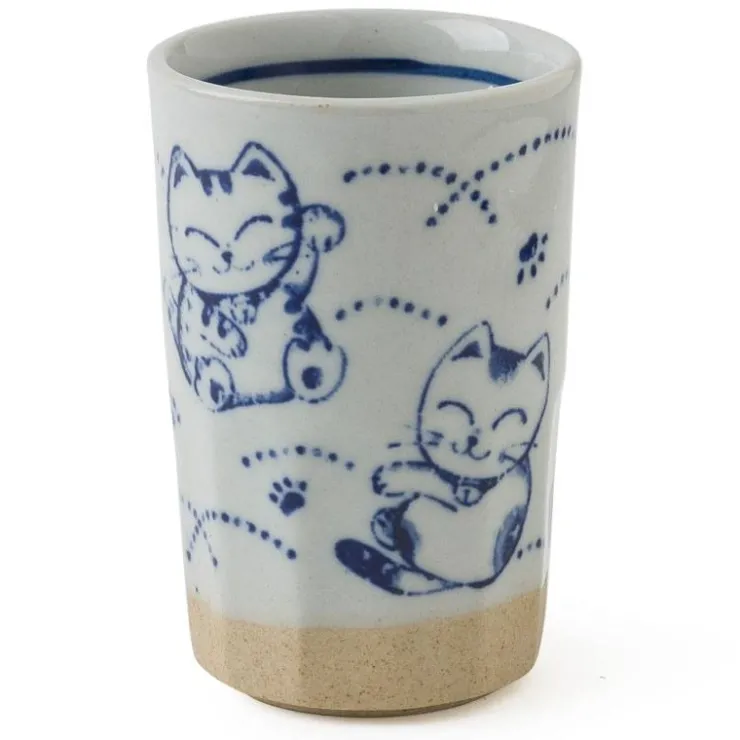 MIYA Company Ceramic Blue and White Fortune Cat Maneki Neko Juice Beer Cup Made in Japan.
