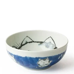MIYA Company Fortune Cat 6.25" Blue Ceramic Bowl made in Japan available at Miya.