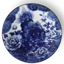 MIYA Company Komainu lion dog design on a blue and white serving plate made in Japan available at Miya.