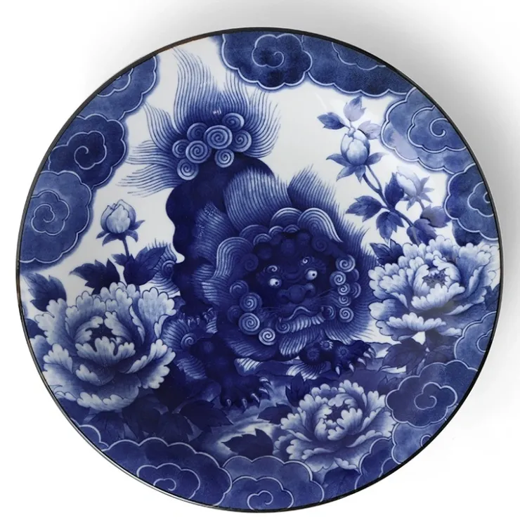MIYA Company Komainu lion dog design on a blue and white serving plate made in Japan available at Miya.