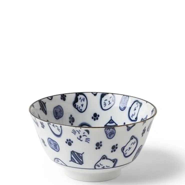 MIYA Company Maneki Neko Fortune Cat Pattern Blue and White Bowl Made in Japan Available at Miya.