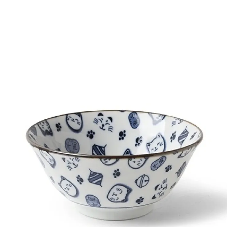 MIYA Company Maneki Neko Fortune Cat Pattern Blue and White Bowl Made in Japan Available at Miya.