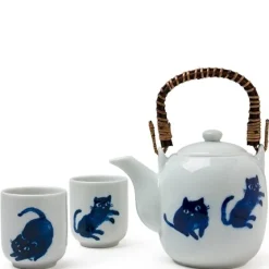 MIYA Company Midnight Blue Cat tea set with playful cats made in Japan available at Miya.