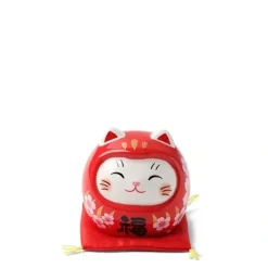 MIYA Company Red ceramic fortune cat dressed as a daruma for double the luck made in Japan.