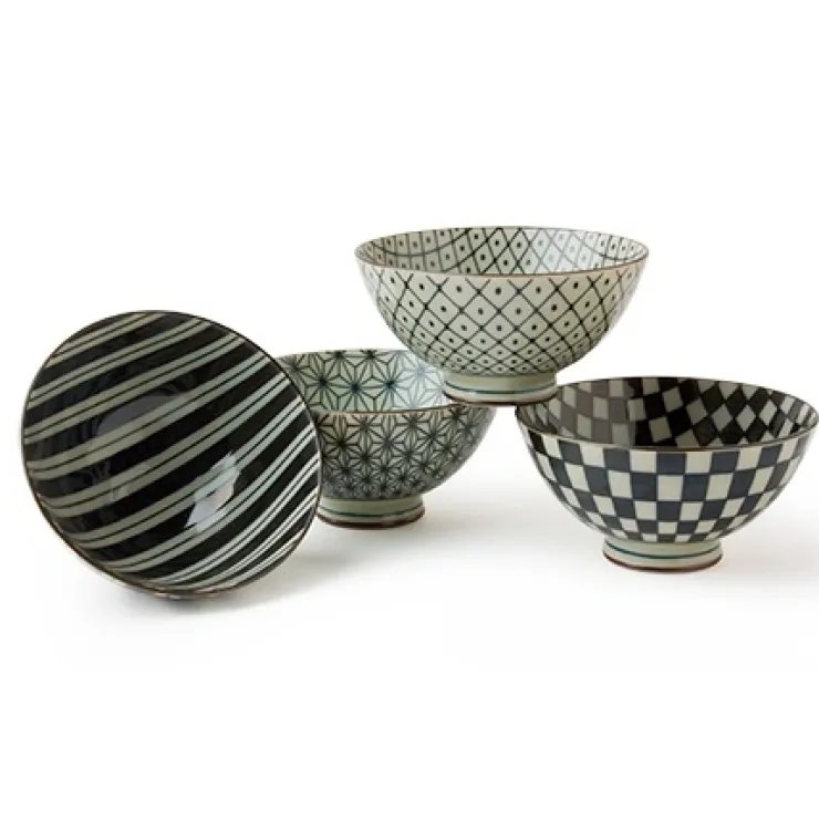 MIYA Company Retro Black & White 4.5" Rice Bowl Set